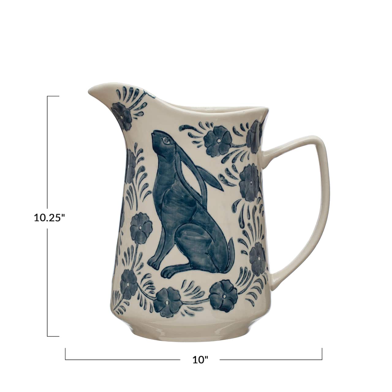 Hello Honey® 10" Blue & Cream Painted Rabbit & Florals Stoneware Pitcher